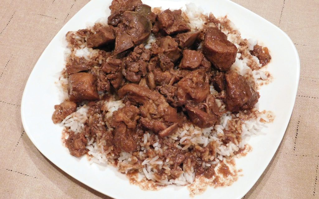 pork and chicken livers adobo with rice